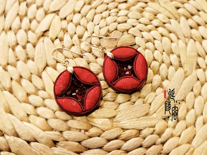 Handmade fabric red copper coin earring 手工布艺红色铜钱耳环