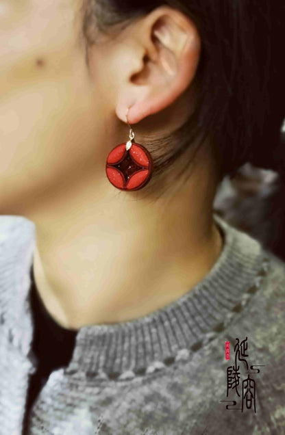 Handmade fabric red copper coin earring 手工布艺红色铜钱耳环