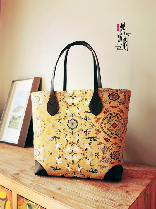 Song Brocade Leather Tote Bag 宋锦牛皮托特包