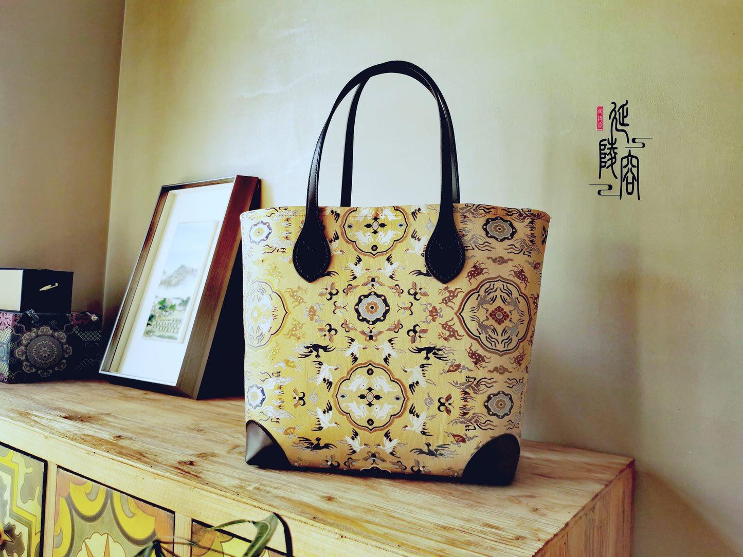 Song Brocade Leather Tote Bag 宋锦牛皮托特包
