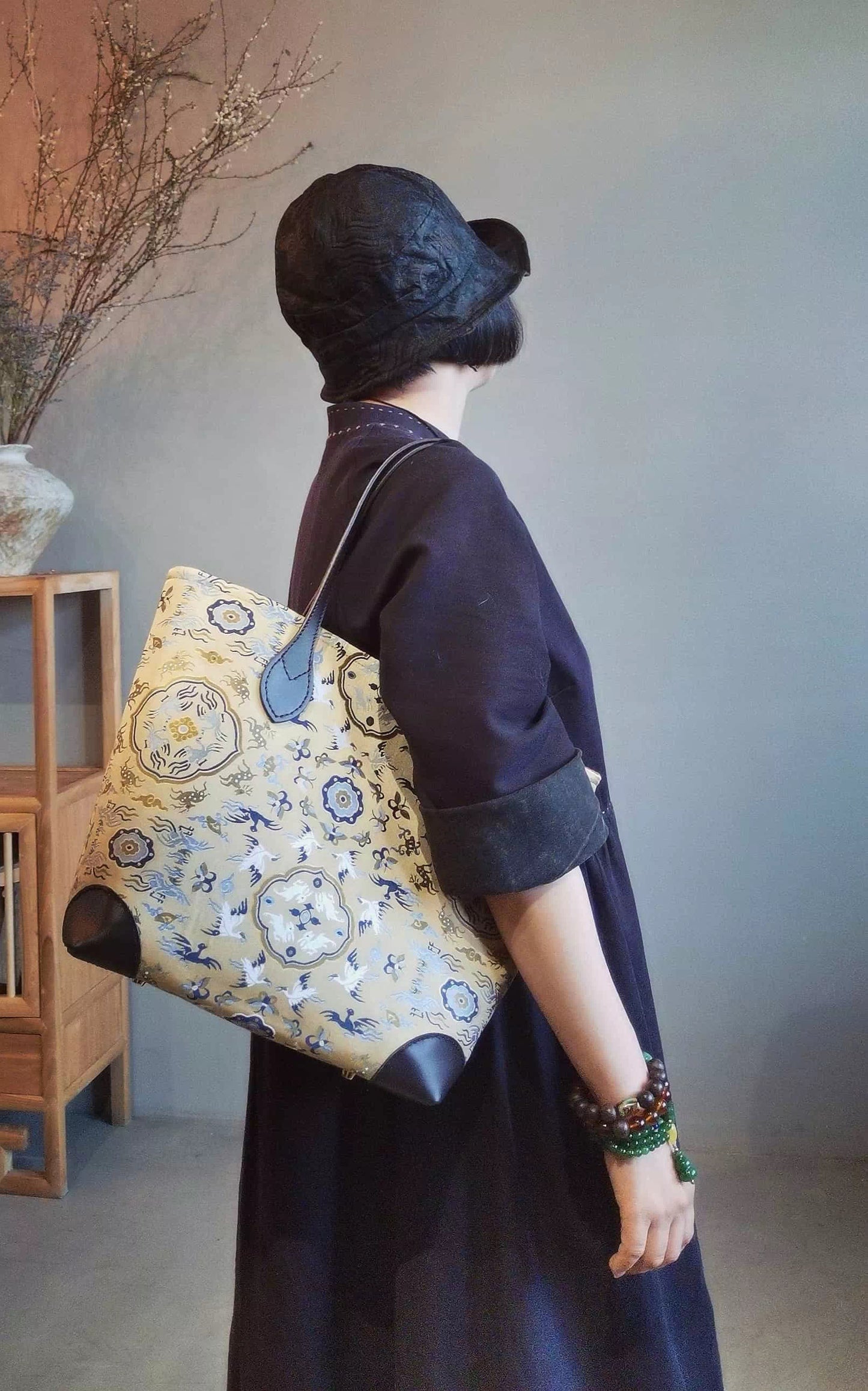 Song Brocade Leather Tote Bag 宋锦牛皮托特包